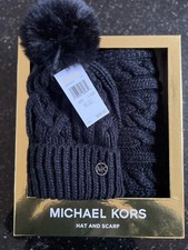 Michael Kors Black Knit Cable Pom Pom Hat Scarf Set, Winter, One Size