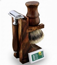 Handmade Wood 4PC Shaving Set For Men Brush Safety Razor Storage Stand 5 Blade