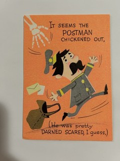 VTG Christmas Greeting Card Halloween Skeleton Bony Express Mailman