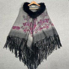 La Fiorentina Paisley Wool Poncho Cape Shawl Stole Fox Fur Trim Leather Fringe