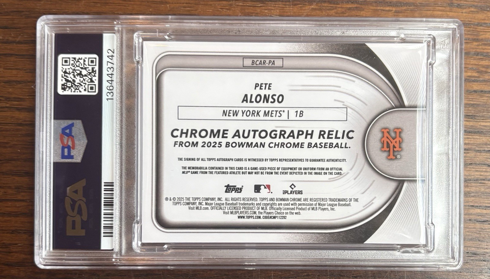 2025 Bowman Chrome Pete Alonso Mets Black Refractor Auto game used Relic /10 PSA view 2