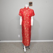 Vintage Chinese Qipao Maxi Dress Women XL Red Gold Dragon Brocade Formal Wedding
