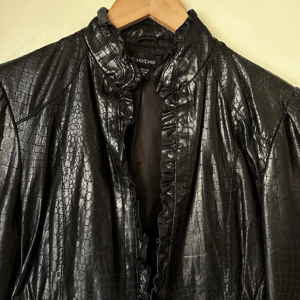 Abrigo Chaqueta BEBE Vintage Y2K Cuero Estampado Animal Genuino RARO NEGRO Talla M Foto 2 de 4