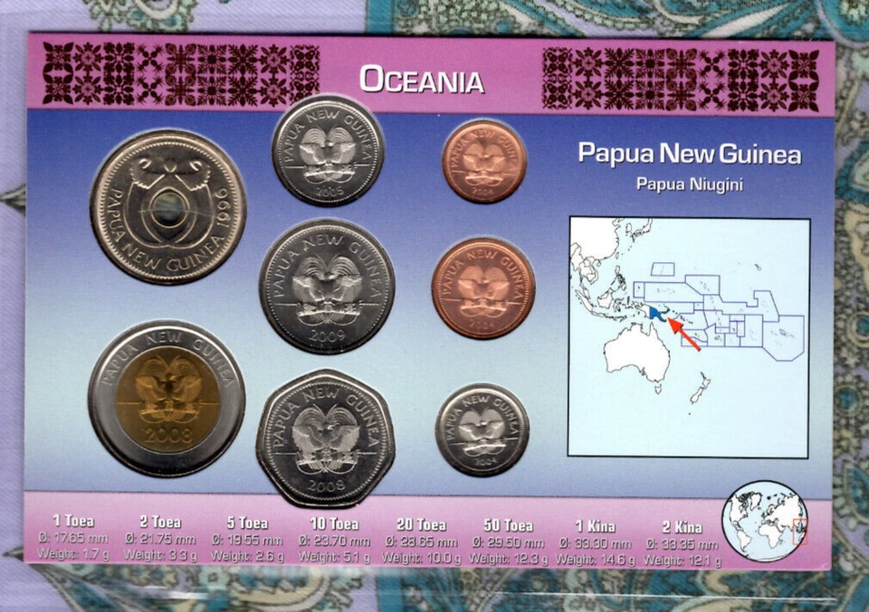 Набор монет Littleton World Папуа-Новая Гвинея не бывшая в обращении 1996-2009 2 кина 2008 1 кина 1996 - Изображение 2 из 2