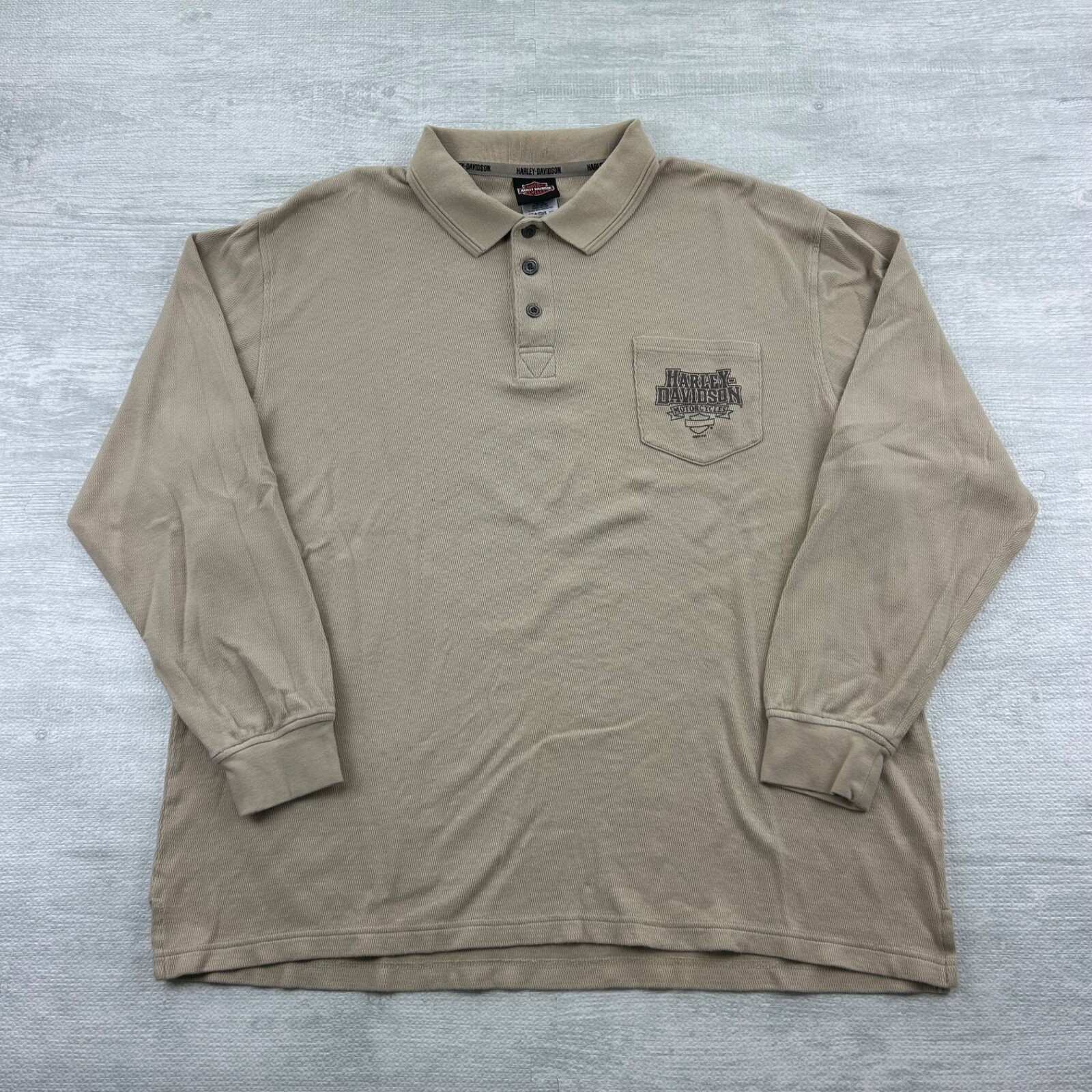 Vintage Harley Davidson Long Sleeve Polo Shirt Size XL Tan Orlando Florida Biker