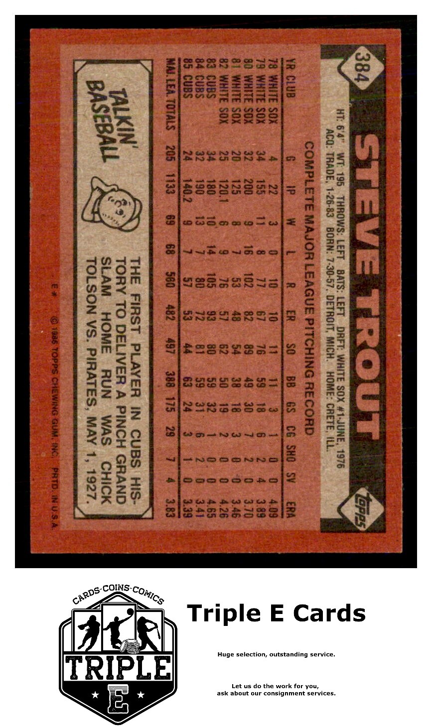 1986 Topps 384 Steve Trout Chicago Cubs A7T eBay