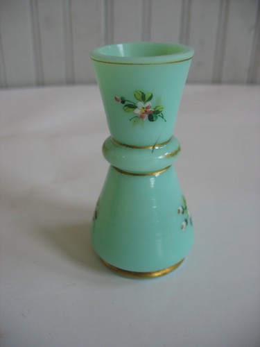 Vtg aqua blue Opaline glass 3 1/2" miniature vase Handpainted enamel milk glass - Picture 3 of 6