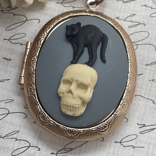 Black Cat Skull Day of dead Rose Gold Cameo Gothic Wedding Locket Necklace Blue - Picture 4 of 13