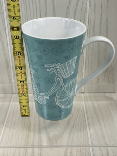 222 FIFTH TALL TURQUOISE BLUE COFFE TEA MUG BICYCLE WITH GARDEN BASKET Porcelain - Picture 8 of 9