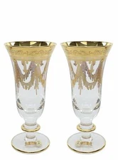 Interglass Italy 2-pc Luxury Crystal Flute Glasses, Vintage Design, 24K Gold