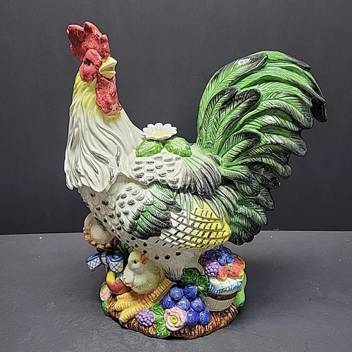 Cookie Jar Vintage 1980’s Fitz And Floyd Rooster With Fruit Flowers And Chicks