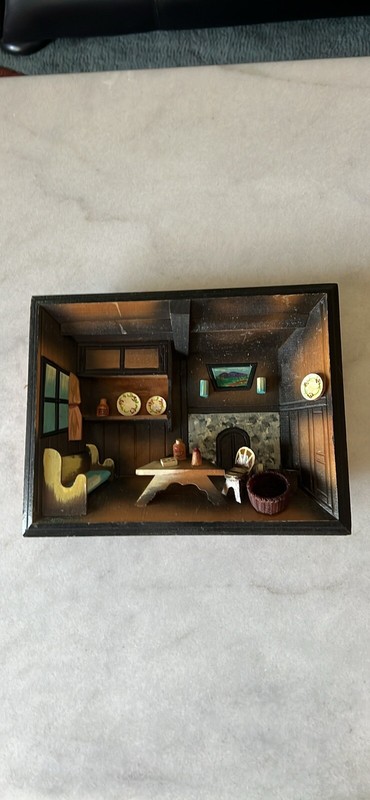 Vintage European Hand Made 3D Wood Shadow Box of Kitchen/Hearth