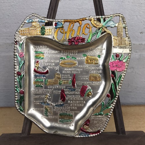 Vtg OHIO State Tourist Tray Tin Metal Souvenir Ashtray Trinket Painted