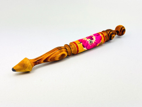 Vintage 11"L Large Handcrafted Wood Hand Turned Painted Pink Flower Pencil