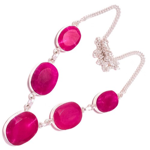 Red Ruby Oval Facet Gemstone Silver Overlay Handmade Statement Chain Y Necklace - Picture 3 of 4
