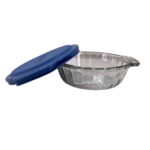 Anchor Hocking 2 qt Clear Glass Bowl w/Handles Blue Plastic Seal Lid - Afbeelding 1 van 12