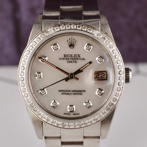 Rolex Date 34mm Ladies 1.5ct White Mop Diamond Dial Steel Oyster Watch 15000 - Picture 10 of 11