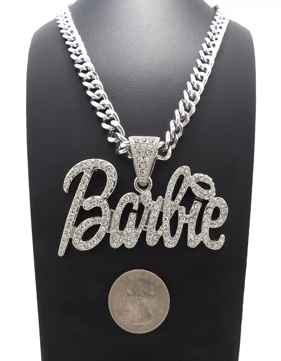 New Barbie Pendant Multi Stone 9mm 18 Cuban Chain Necklace White Gold  Plated*