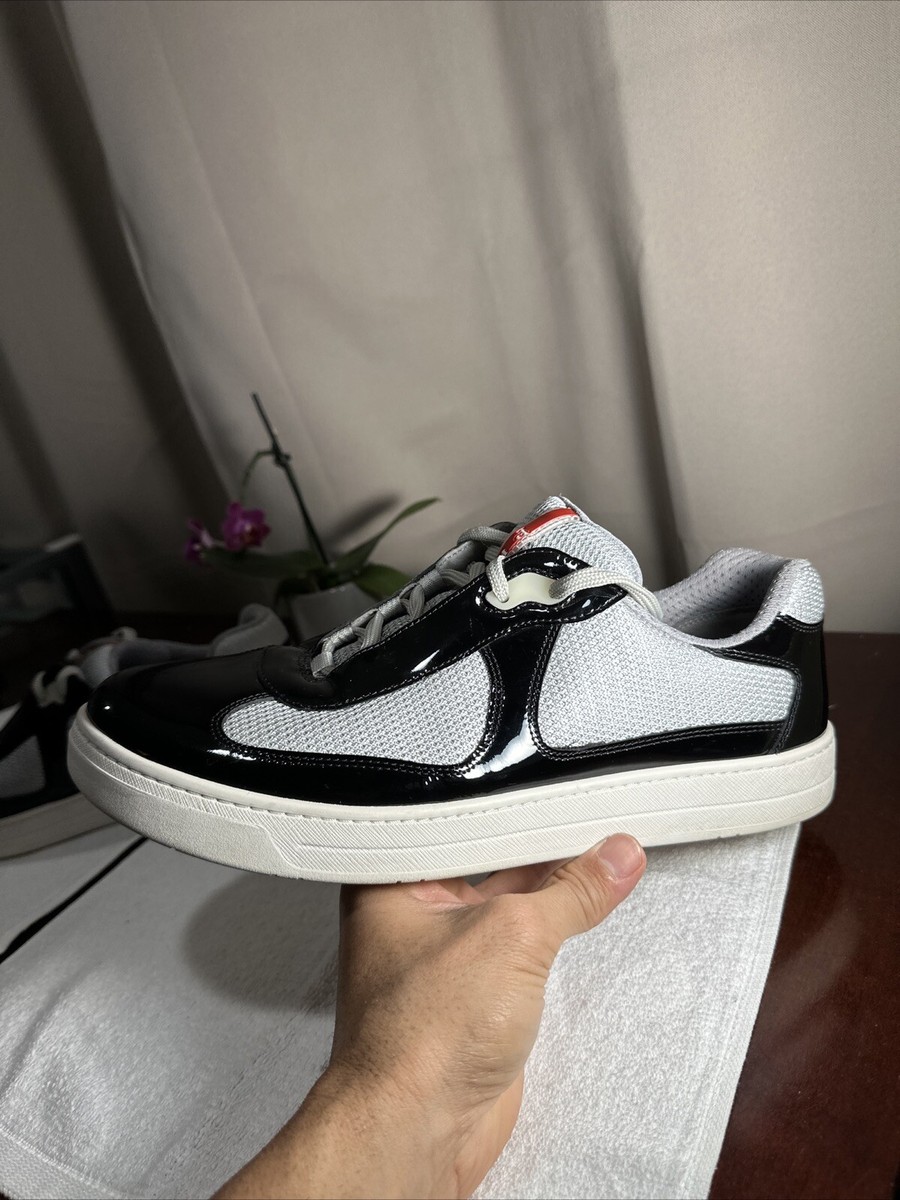 Prada Mens Patent Leather & Mesh Sneakers 4E3166 Black Grey Prada Mens Patent Leather & Mesh Sneakers 4E3166 Black Grey