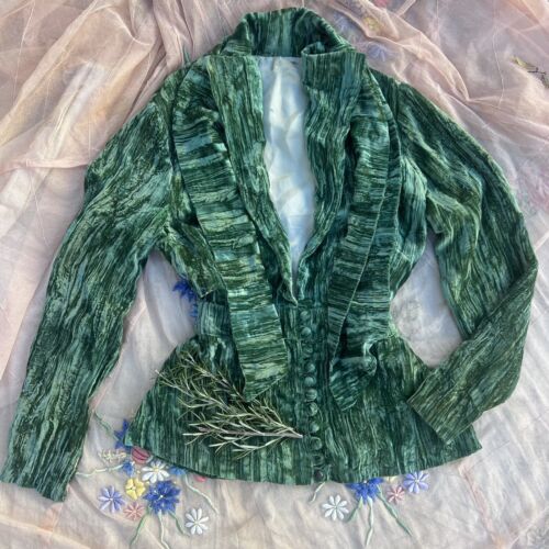 Vintage 1930s Green Silk Velvet Blouse Art Deco Shawl Collar Dress Top Button Up - Picture 1 of 19