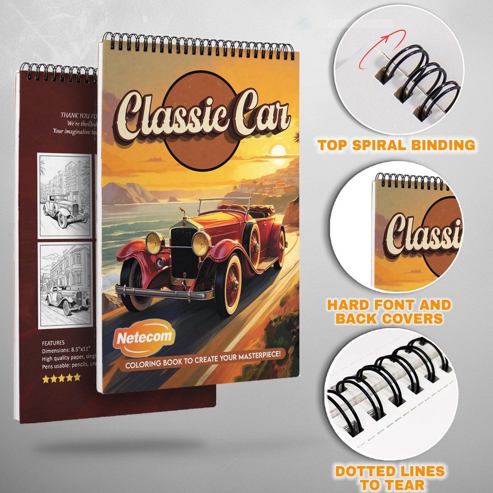 Classic Cars Spiral Bound Coloring Book, Auto Enthusiast and Vintage