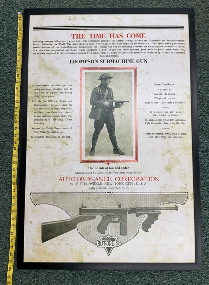 CUSTOM MEDAL FRAMED VINTAGE THOMPSON SUBMACHINE GUN POSTER BOARD ART AUT-ORD CO.