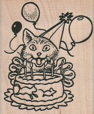 Birthday Kitty 2 1/2 x 3'' Rubber Stamp, Cat Stamp, Funny Cat, B-day Cat Stamp