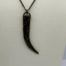 Wolf Fang Rope Pendant Necklace Brass Embossed Chain Tribal Ethnic Vintage