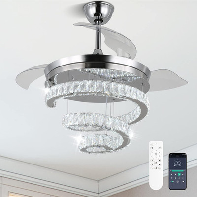 Dimmable 42'' Crystal Ceiling Fan Chandelier with Remote & Retractable Blades