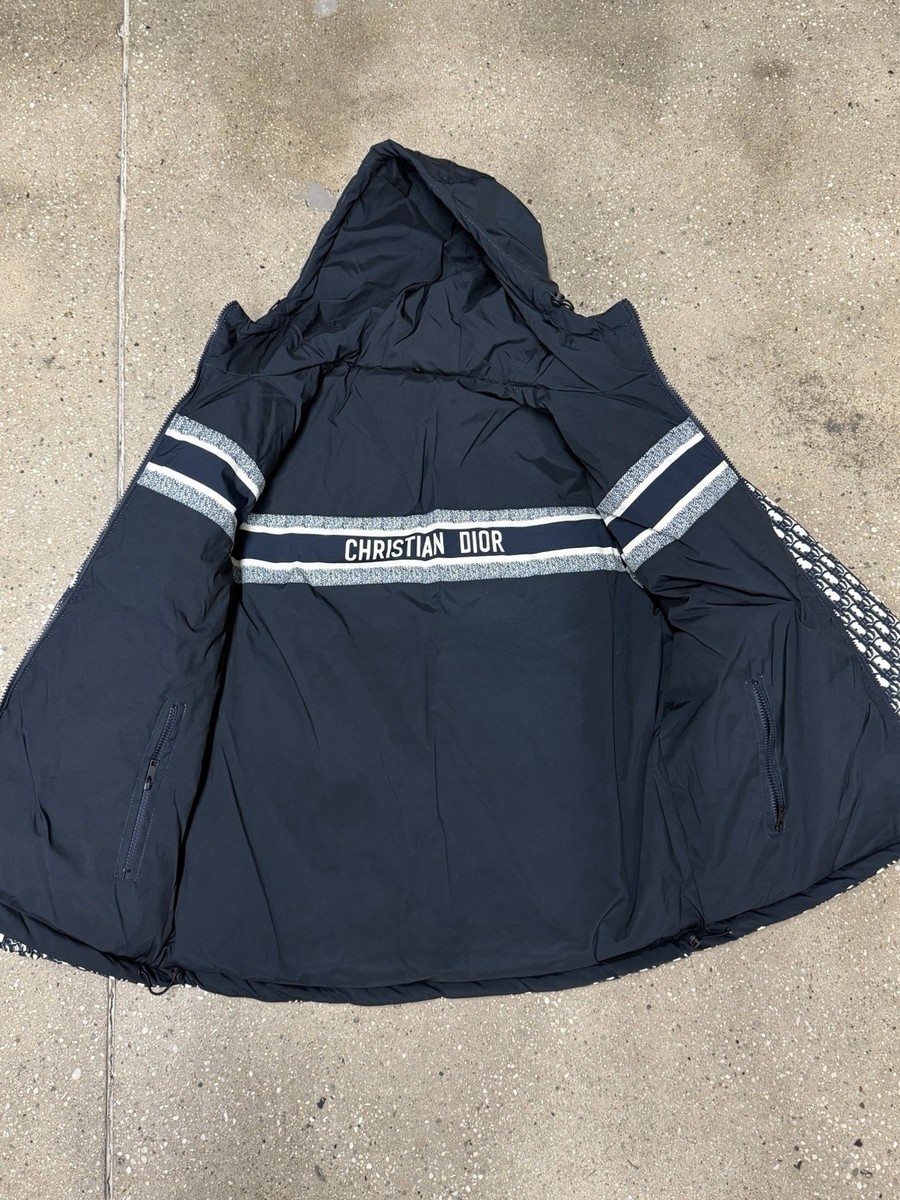 Christian Dior Black and White Hooded Zip Puffer Jacket with Logo