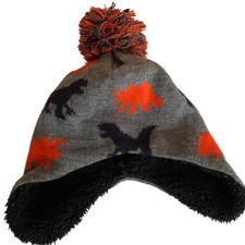 Kids Dinosaur Winter Hat With Pom Pom Ear Flaps Gray Dino Size 2 - 4