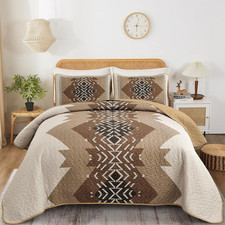 Bohemian Quilt Set King Size,3 Pieces Aztec Texture Bedding Coverlet Set Brown B