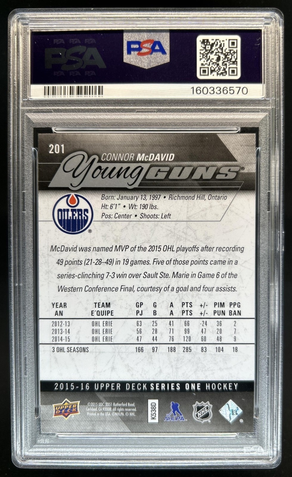 2015-16 Upper Deck Connor McDavid Rookie Young Guns RC #201 Oilers PSA 9 view 2