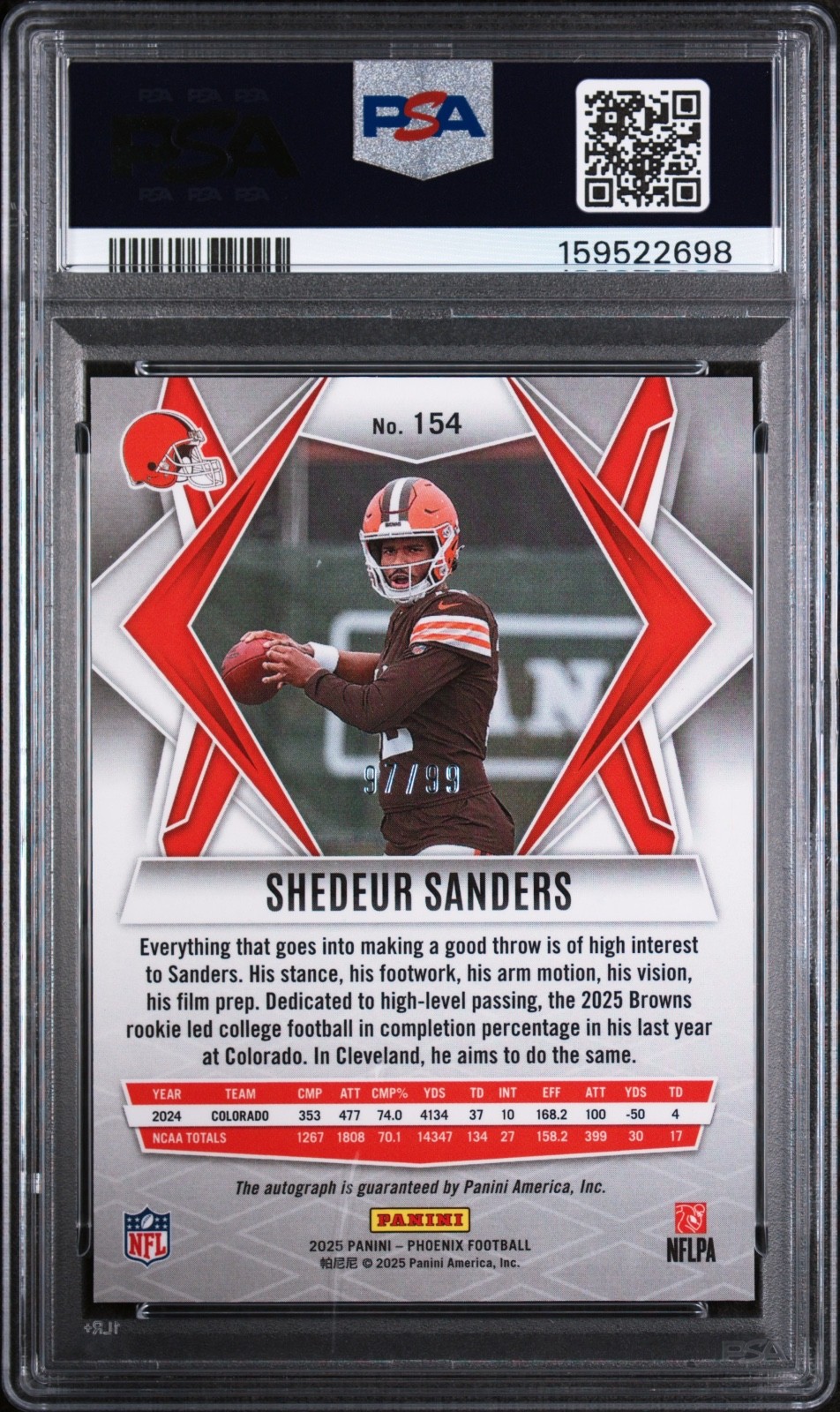 Shedeur Sanders 2025 Phoenix Autographs Bronze Pandora Rookie Auto #/99 - PSA 10 view 2