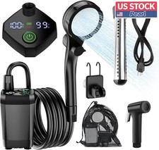Portable camping shower with heating function and shower head.