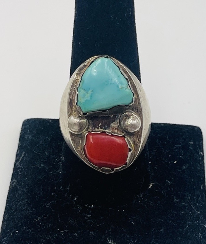 Vintage Navajo Plata Ley Azul Turquesa & Rojo Coral Hombres Anillo Tamaño 10