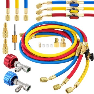 12 Pcs 5FT AC Manifold Gauge Hose Set with Self-Sealing Can Taps & Adapters