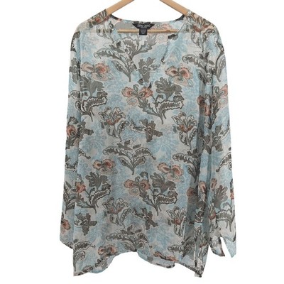 Zero Zero Sheer Floral Tunic Top Plus Sz 3X Metallic Stripe Overlay Light Blue