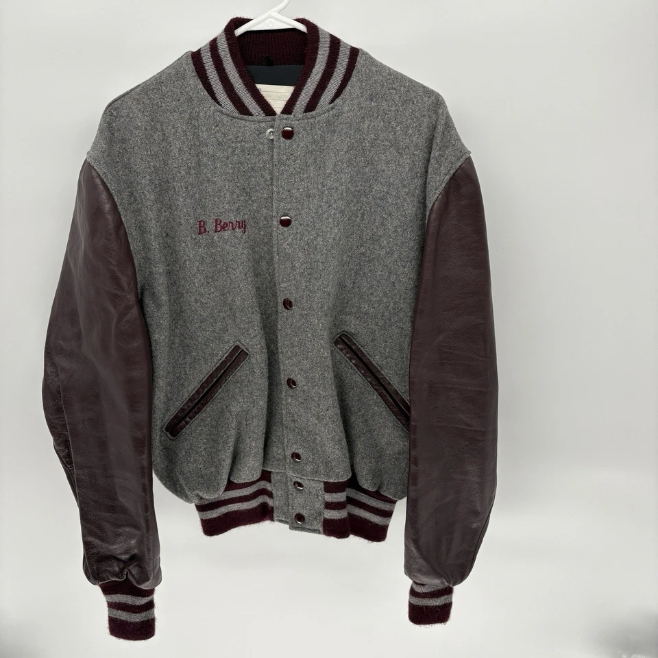 Chaqueta de bombardero vintage Saints Delong gris lana cuero universitario Letterman para hombre 44 Foto 2 de 4