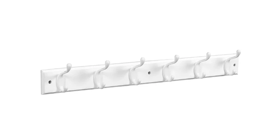 NATIONAL HARDWARE Coat & Hat Hook Rail 27″ – 6 White Hooks on White Wood Rail – Wall Mount