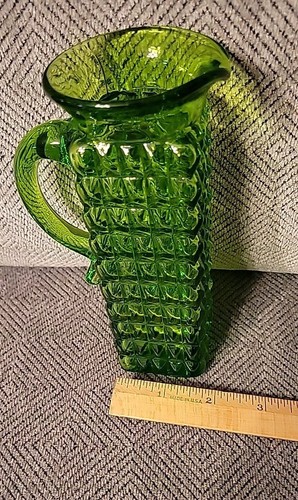 Vaso brocca quadrato vetro artistico VERDE motivo diamantato manico applicato 6" -VINTAGE - Foto 6 di 7