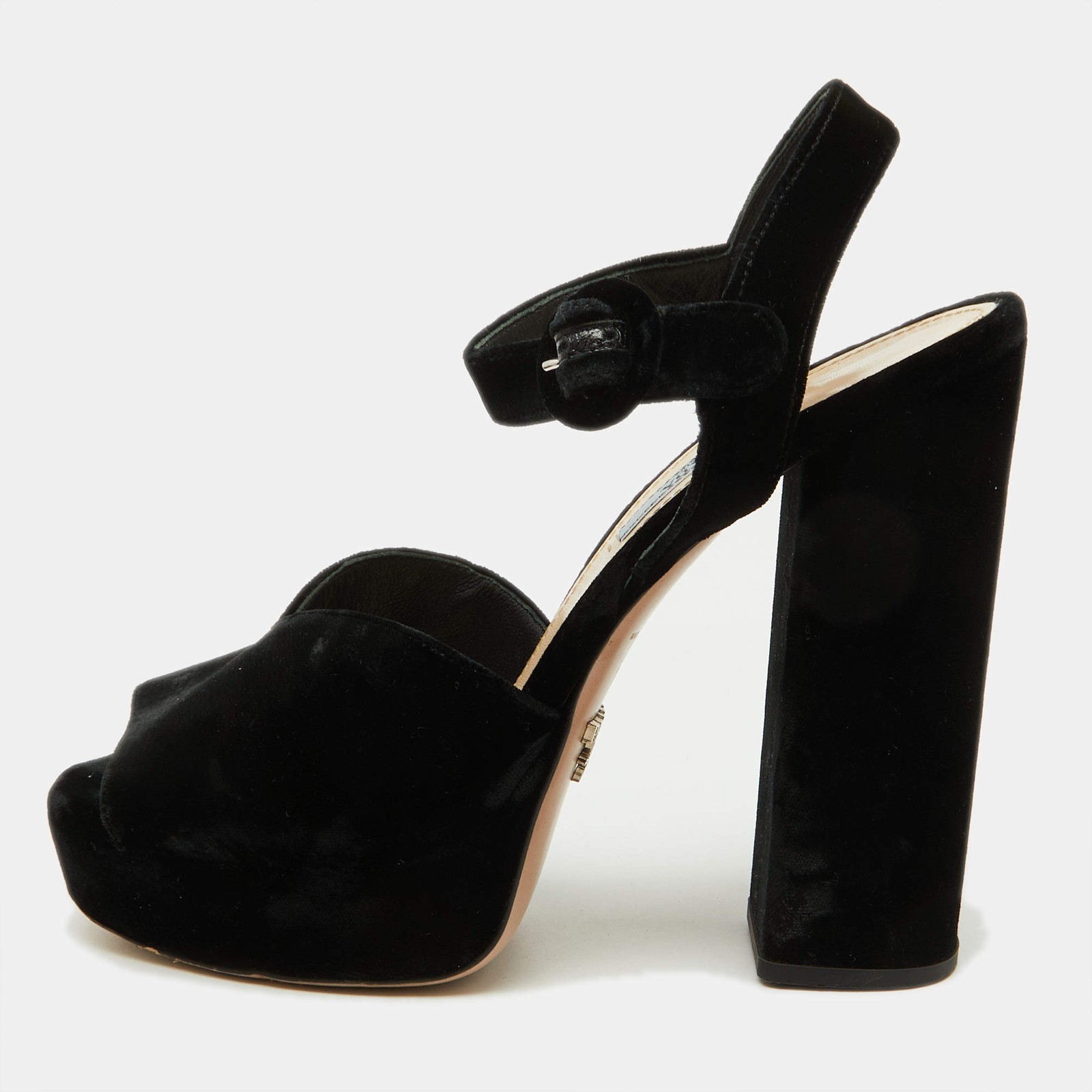Prada Black Velvet Block Heel Platform Ankle Strap Sandals Size 38