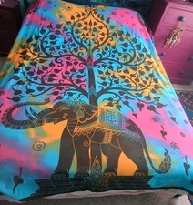 Tree Of Life Elephant Tie Dye Block Print Cotton Throw/ Wall Hanging