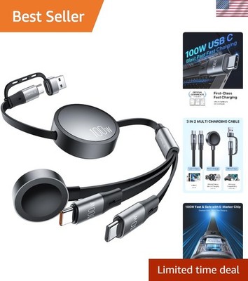 Efficient 3-in-1 USB-C Charging Cable - 100W Fast Charge, Overheat Protection