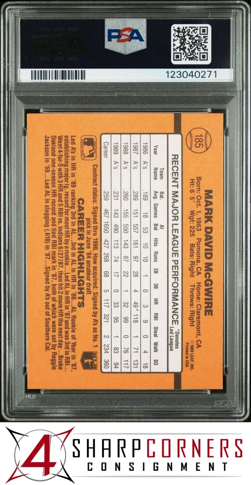 1990 DONRUSS #185 MARK McGWIRE ATHLETICS PSA 10 - Image 2 of 3