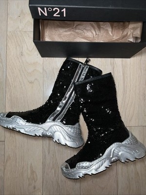 Sequin Party Boots by N 21 Black , Silver US 6, EU 36. Made in Italy