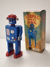 Vintage 1997 Schylling Atomic Robot Man Blue Tin Wind-Up Toy w/ Box Key B4