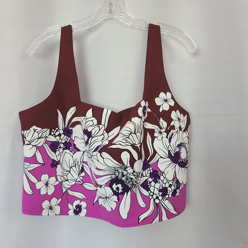 Express Sz L Brown Purple White Floral Tropical Cropped Tank Pull On Short Set - Picture 2 of 17