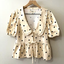 Anthropologie Gwen Polka Dot Top Puff Sleeve Ruffle Collar Cream Black Size S