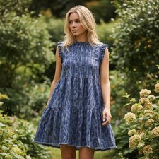 Anthropologie Tiered Leopard Print Dress XS Blue Gray Flutter Sleeve Midi Dress